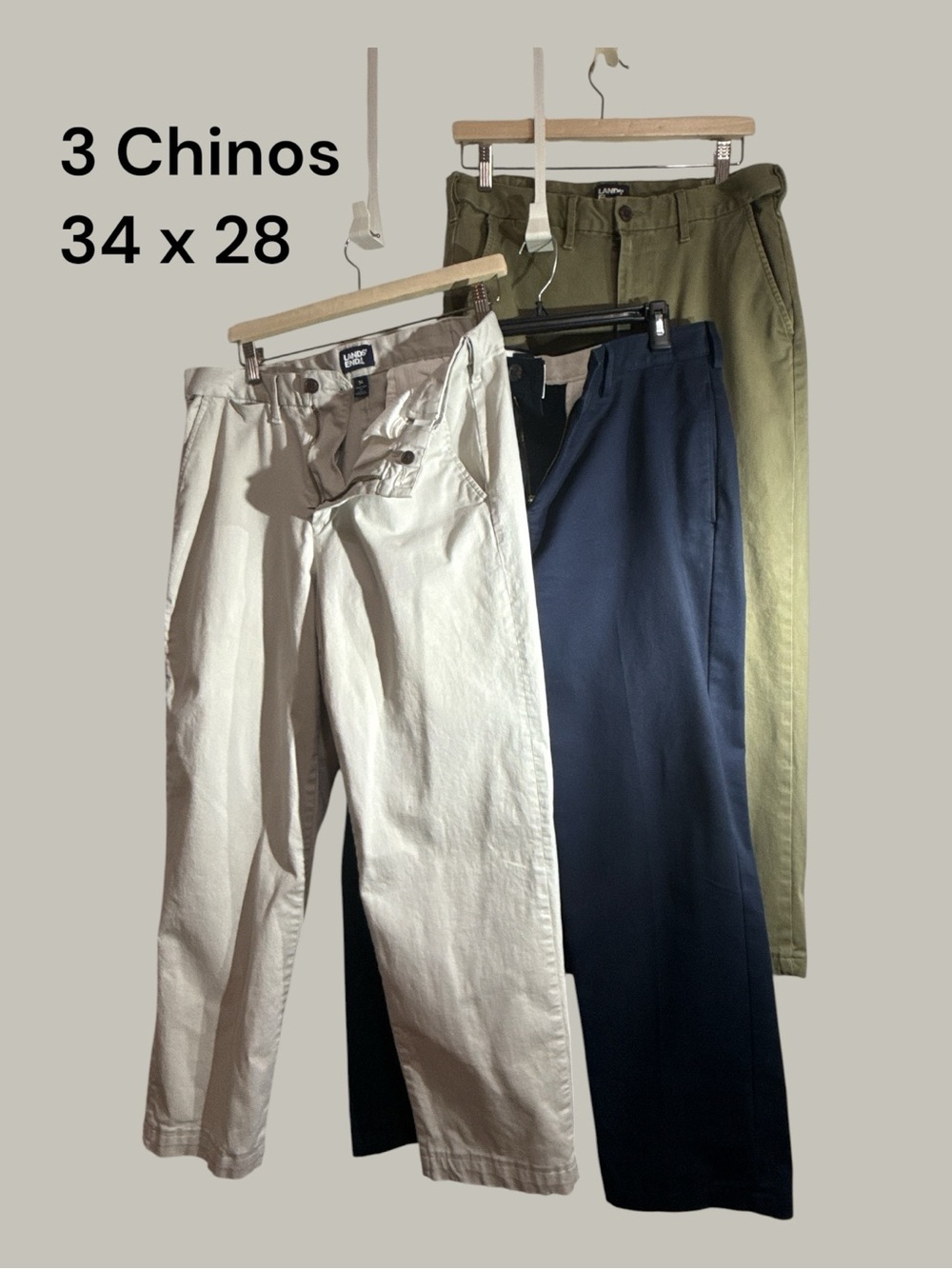 Lands’ End Traditional Fit Plain 3 pairs Chino Pants Khaki, Navy, Olive 34 x 28